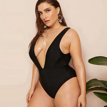 Más el tamaño de Negro traje de baño de las mujeres de una sola pieza trajes de baño de cuello v de la alta corte monokini sexy, escotado traje de baño traje de baño traje de baño de 2019