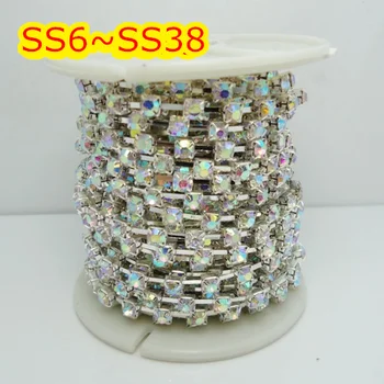 10yards/rollo SS6-SS38(2.0 mm-9.0 mm) Cristal AB color base de plata Perlas o Piedras de la copa de la cadena para la joyería de bricolaje, Decoración de la Boda