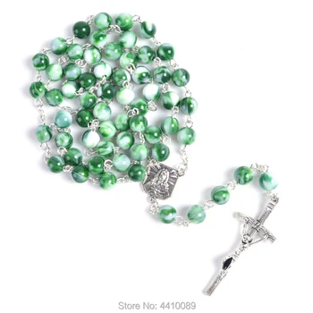 Moda Religiosa Verdes Redondas de Acrílico Perlas de Jesús y de San Cristóbal Rosario Collar