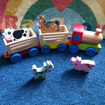 Los niños de madera de Tren de Juguetes para los niños de los animales de granja combinación de desarrollo intelectual de la ilustración del juego