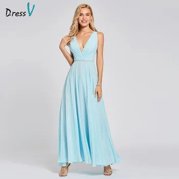 Dressv cielo azul vestido de noche barato cuello en v una línea de respaldo rebordear piso de longitud de la fiesta de la boda vestido formal vestidos de noche