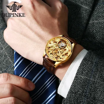 OUPINKE Tourbillon Relojes de Marca para Hombre Relojes Mecánicos Esqueleto de Cuero los Hombres Relojes de Lujo de Negocios Reloj de Zafiro Impermeable