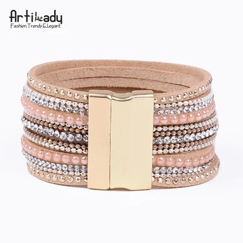Artilady de cuero pulseras con cristal de diseño de lujo los brazaletes de imán de la pulsera de las mujeres de la joyería