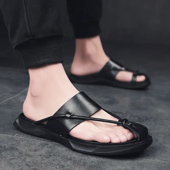 Los hombres Zapatilla de Cuero Sandalias de Split de Cuero de los Hombres Zapatos de Playa de Deslizamiento en Chanclas Hombres Casual Zapatos Zapatos de Verano
