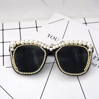 Vintage de Metal Perlas Y Diamantes de Gran tamaño de Fotograma de Cara Redonda Gafas de sol Gafas de sol de imitación de diamante de la Moda de lujo del Diamante Redondo Gafas de Sol