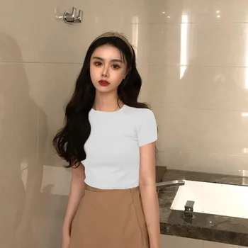 JFUNCY de Moda de Color Sólido coreano Slim Fit Mujer Camiseta 2020 Verano Nueva Señora Tops de Manga Corta T-shirt Básicos para Mujeres Camisetas