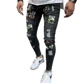 Ripped Jeans de Denim de 2021 Gótico Hombres de Retazos de Hip-hop Lápiz Pantalones Vaqueros desgastados Jogger Deportivos Masculinos pantalones Vaqueros de Talla Plus