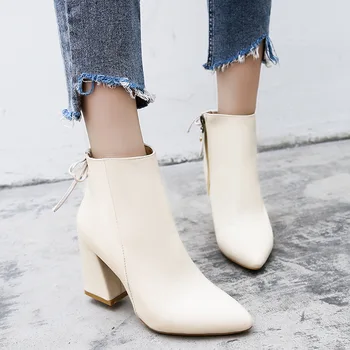 2018 moda Mujer Zapatos blanco botas de cordones de Tacón Alto botas cortas Parte de las Mujeres Botas de Invierno de piel de alta Calidad martin botas