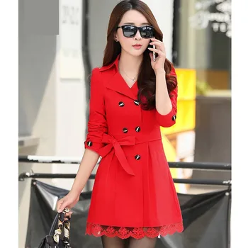 UHYTGF de la Moda coreana de la Primavera el Otoño de ropa exterior Femenina Doble botonadura de encaje elegante de las mujeres de la chaqueta Delgada de largo Cazadora Abrigos 139