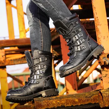 Botas Zapatos Masculinos Botas del Ejército de los Hombres de Botas Militares 2019 Cuero de Invierno Negro de Vaquero de Nieve de Metal Gótico Punk Botas de los Hombres