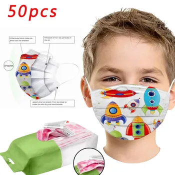 50pcs Niños Maske Para la Cara de la Aeronave de Impresión Desechables de Seguridad de Cara Maske 3ply gancho para la Oreja Máscaras de la Cara Cubierta de Mascarillas
