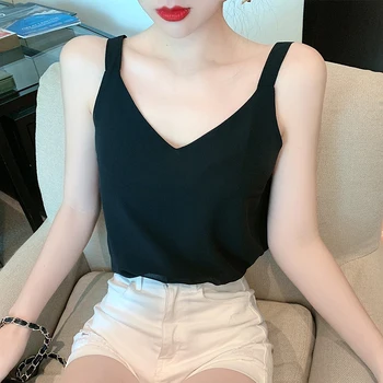 Coreano de la Gasa de las Mujeres Tops Camis Sexy Halter Top Mujer Sólido sin Mangas de las camisetas Más el Tamaño de la Mujer V-cuello de la Camisola Básica Top Blanco