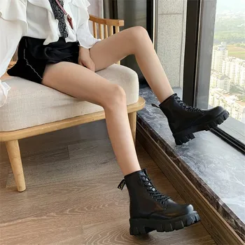 Nuevo de la Moda de Estilo Europeo Negro Botas de Tobillo de Pisos Dedo del pie Redondo Negro de Encaje hasta las Botas de Mujer de Plataforma Zapatos de Cuero de Patente