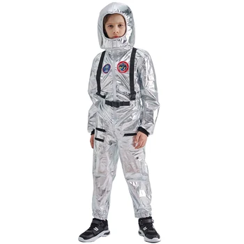 Eraspooky Niños Spaceman de Una sola pieza Traje de Plata Astronauta Cosplay Niños Piloto Uniforme Casco del Traje de Halloween de los Niños del Partido