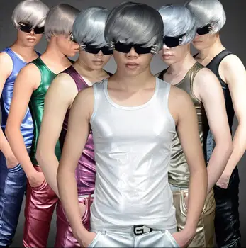 Coreano de verano estilo de personalidad delgado masculino lentejuelas chaleco de los hombres de punk rock trajes cantante etapa de baile de moda de la calle estilo de la estrella