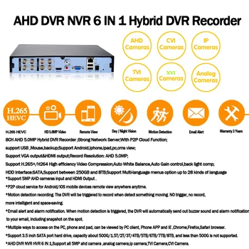 6 EN 1 H. 265 5MP AHD DVR NVR XVR CCTV 8Ch 1080P 4MP de 5MP Híbrido de Seguridad DVR Grabador de Cámara Onvif RS485 Coxial de Control de PTZ P2P