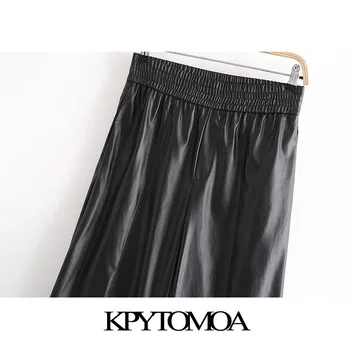 KPYTOMOA Mujeres 2020 Chic de la Moda de Cuero de Imitación Ancho de la Pierna de los Pantalones Vintage de Alta Cintura Elástica Bolsillos Laterales de los Pantalones Femeninos Mujer