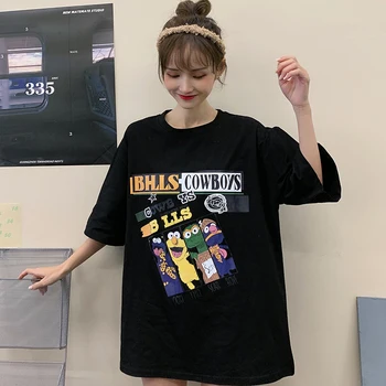 De verano de la camiseta de las Mujeres de dibujos animados Divertidos de Impresión Suelto Casual Larga Tops Camisetas coreana de Ropa de gran tamaño Harajuku de la Camiseta de las Mujeres 2020 X061
