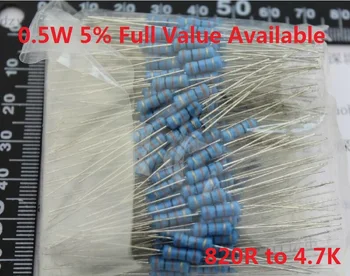 500PCS 1/2W 0,5 W de Óxido de Carbom Resistor de película Metálica 820R/910R/1K/1.2 K/1.5 K/1.8 K/2K/2.2 K/2.4 K/2.7 K/3K/3.3 K/3.6 K/3.9 K/4.3 K/4.7 K/Ohm