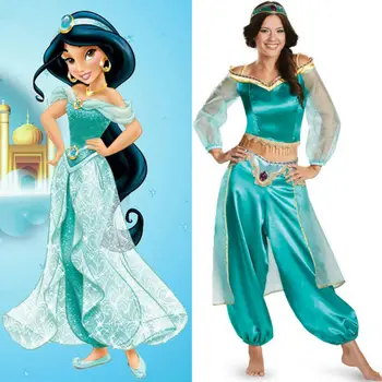 Aladdin Jasmine Princess Cosplay de Mujeres, Niñas, Trajes de disfraces, Fiesta de Disfraces Femeninos Top+Pantalones+Vendas 3pcs Conjunto de Ropa de