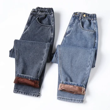 2020 las Mujeres Estirar la Cintura de Invierno Felpa Caliente de gran tamaño Jeans Dama Más el Tamaño 5XL Holgados Haerm Pantalones Estudiantes Recta Pantalones Vaqueros