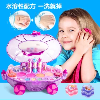 2019 Nueva Princesa de Disney maquillaje coche de niños casa de mostrar el maquillaje de la caja de seguro no tóxico cosméticos, juguetes niñas, lápiz de labios