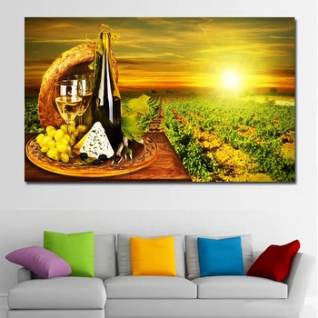 DESINTERESADAMENTE HD Impreso en lienzo de arte de la uva de vino tinto de vidrio barricas de Roble de la puesta de sol pintura sobre lienzo las imágenes de la pared para la sala de estar