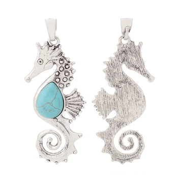 ZXZ 2pcs Tibetano de Plata de Gran caballito de mar Hippocampus con Imitación Piedra Turquesa Encantos Colgantes Collar de la Joyería