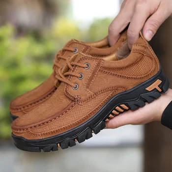 Buena Calidad de Cuero Genuino Zapatos de Hombre al aire libre de los Hombres Zapatos Casuales de Verano Hueco de cuero de buey Duradera Zapatos de Gran Tamaño 38-48 Negro Marrón