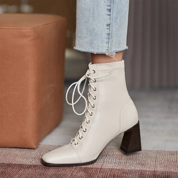De Cuero genuino Botas de Tobillo para Mujer Otoño Invierno Británico Cómodo Cruzar atado de pies Cuadrados de Botas de Mujer zapatos de Tacón Alto Botas Cortas