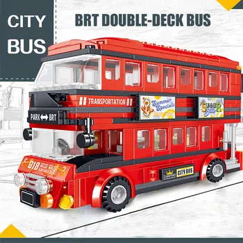 398PCS Tráfico de la Ciudad, un Autobús Doble piso Bloques de Construcción Técnica de la Red de Autobuses de la Escuela Coche Figuras de los Ladrillos de la Iluminación de Juguete para los Niños