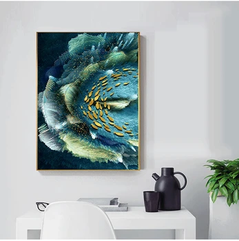 Resumen de Oro de la Pluma de Pintura en tela Azul Grande Verde de Impresión de Lujo, Arte de la Pared de la Imagen para la Sala de estar del Efecto 3D de Cuadros