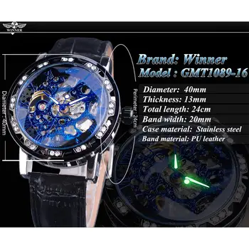 Ganador Steampunk Diamante De Lujo De Mostrar Las Manos Luminosas Esfera Azul Para Hombre Mecánico Skelton Reloj De Pulsera De La Marca Superior De Lujo Reloj Masculino