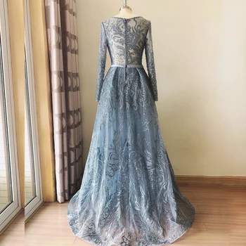 Dubai Completo de Encaje de manga Larga Vestido de Noche 2020 Sirena O-cuello de Cristal hechos a Mano de color Azul en árabe Formal Vestido de Fiesta
