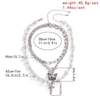 Purui Hombres Mariposa Collar 2Pcs/Set Gótico Cadena Cubana Imiation de Perlas de Cristal de la Cruz Pedante Gargantilla para las Mujeres Encanto