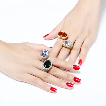 Brillantes anillos de Allanar gran piedra oval de cristal Blanco/ Dorado-color de Lujo de la joyería de alta calidad de la joyería femenina anillo de dedo de la