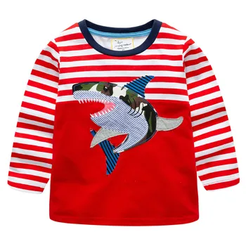 Saltando metros de Tiburón apliques de Camisetas para los niños de otoño en primavera use ropa de algodón de la raya de la ropa de los niños Camisetas Animales camisetas de los niños boy
