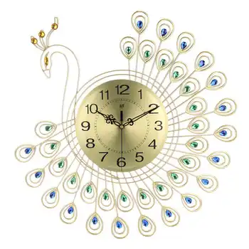 53x53cm Luminoso Reloj de Pared 3D Grande de Diamantes de Oro de pavo real Reloj de Pared de Metal Reloj para Vivir en Casa de Decoración de la Sala de los Relojes de la Artesanía