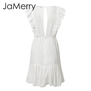 JaMerry Vintage de encaje blanco de algodón bordado de las mujeres vestido de Volantes de Primavera verano mini vestido Sexy de fiesta vestidos cortos vestidos de 2019