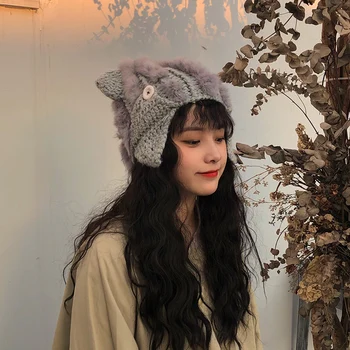 2020 nuevas Lindo de Piel de Conejo del Sombrero de Mujer de Otoño y de Invierno Gato Orejas Protector coreano Caliente de Espesor de Tejer Sombreros de las Mujeres rusas Sombrero de Mayorista
