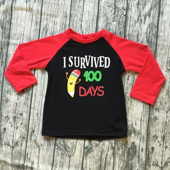 Exclusivo de niños del bebé raglans boutique rojo negro sobreviví a 100 días lápiz camiseta de manga larga camisas de ropa a la escuela de algodón
