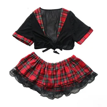 Plus Tamaño 5XL la Mujer del Camisón Rojo de la tela Escocesa de Encaje de la ropa de dormir Conjunto Womens G string de la Ropa interior Babydoll Vestido de Faldas