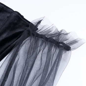 InstaHot Negro de Malla de Ver-a través de Puff Manga Vestido Plisado Gótico Barra en el Cuello de las Señoras Mini Pleater Lolita Vestido de Fiesta Vestido de Terciopelo