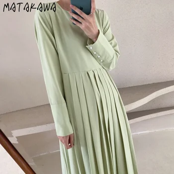 MATAKAWA Chic Otoño Verde Retro de Cuello Redondo de las Mujeres Vestido Plisado de Costura de manga Larga Femme Túnica Gran Swing Midi Vestidos