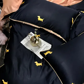 Algodón satén ropa de cama queen doble con una cama tamaño king conjunto de 4 piezas de los años 60 de lujo negro funda de edredón con un Teckel de impresión de hojas de