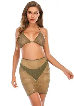 Mujer sexy lencería de Dos piezas de Rejilla de diamante de imitación de Ver a Través de sujetador de Bikini de la parte Superior y el Conjunto de vestido