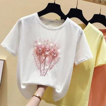Gkfnmt de Manga Corta de la Camiseta de las Mujeres de Verano Tops de Abalorios Camiseta de Mujer coreana de Algodón de color Rosa de la Camiseta de la Ropa Mujer Camiseta Mujer