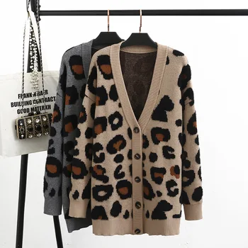 La moda Cardigans Largos Para las Mujeres 2020 Otoño Invierno Flojo Suéter de Leopardo, Chaqueta de Punto Cuello V Gruesa Ropa de Mujer