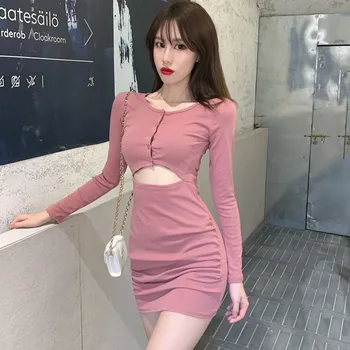 M De Moda Vestido De Las Mujeres De Corea Del Color Sólido Vestido Expuesto La Línea De La Cintura Plisada Temperamento Vestidos De Delgado De Manga Larga Vestido