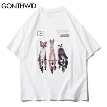 GONTHWID Camisetas Camisetas de la Calle Harajuku Zorro Conejo Animal Print de Manga Corta Camisetas Hip Hop Casual de Algodón Suelta Camisetas Tops